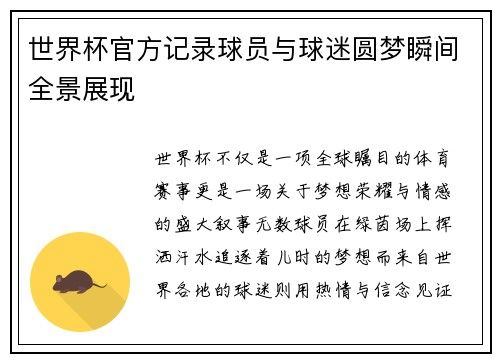 世界杯官方记录球员与球迷圆梦瞬间全景展现
